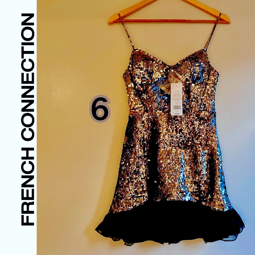 French Connection metallic antique gold blck embellished sequin ruffle NWT HP 6